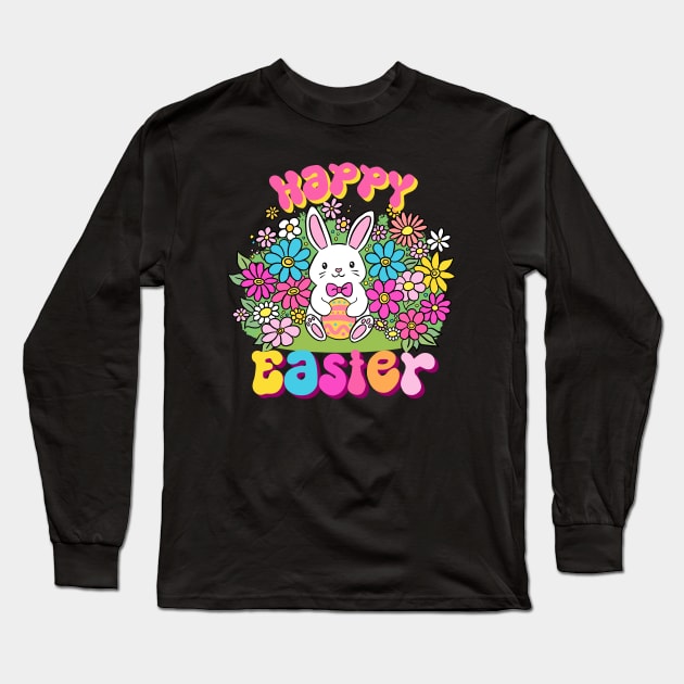 Happy easter a cute easter bunny holding an egg surrounded by flowers Long Sleeve T-Shirt by Yarafantasyart